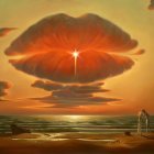 Massive mushroom cloud explosion at dusk on beach