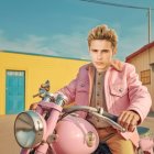 Young male character on pink motorcycle in 3D art