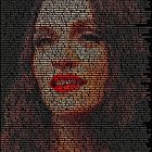 Multicolored pixelated digital portrait of a woman's face on dark background