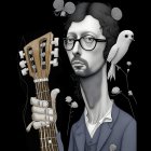 Illustrated portrait with blue glasses, bird, guitar, flowers in monochrome tones