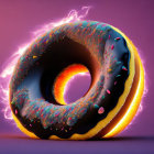 Flaming doughnut with neon core on purple background