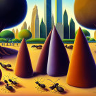 Surreal landscape featuring large ants, conical shapes, fantastical trees, and city skyline under