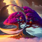 Vibrant Purple Trees and Whimsical House in Fantasy Sunset Scene