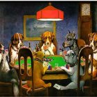 Anthropomorphic cats playing poker in a room with cat portraits