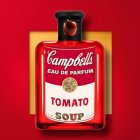 Perfume bottle with Campbell's Tomato Soup label on red background