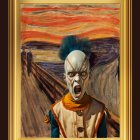 Surreal painting: Clown merges with "The Scream" in expressive landscape