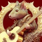 Anthropomorphic mouse playing guitar in golden armor on red background