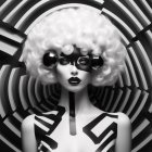 Monochromatic stylized woman with voluminous hair against concentric circles backdrop