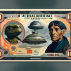 Fictional banknote design with humanoid reptile, UFO, and cloaked figure