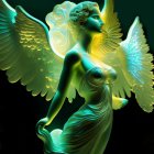 Luminescent angel art with flowing hair and detailed wings on dark background