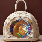 Luxurious Dome-Shaped Handbag with Gold and White Lattice Design on Brown Background