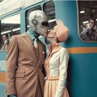 Romantic Scene: Man Kissing Woman's Forehead in Floral Attire