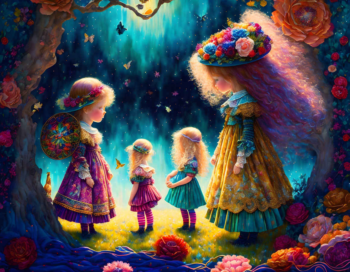 Whimsical characters in colorful dresses with oversized flowers under a magical sky