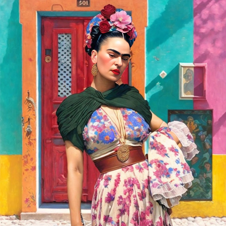 Woman in Frida Kahlo style poses in front of colorful Mexican house