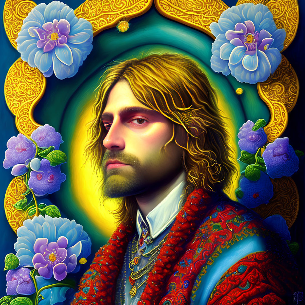 Man with Long Hair and Beard in Red Garment Surrounded by Blue Flowers