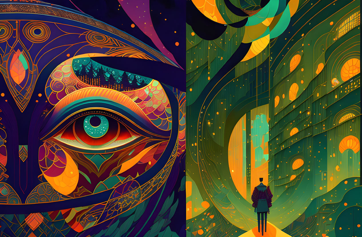 Eye and figure in intricate digital artwork