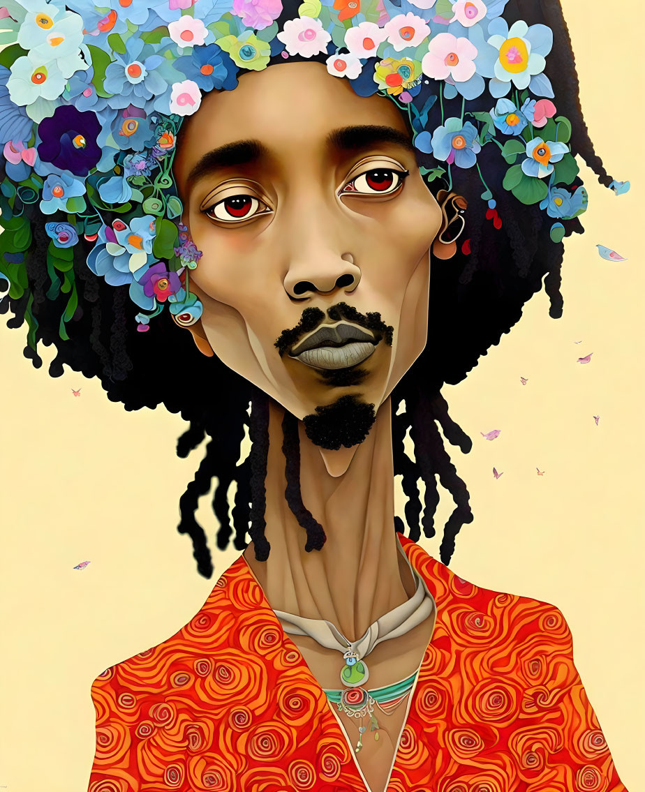 Colorful Portrait of Person with Dreadlocks and Floral Hat