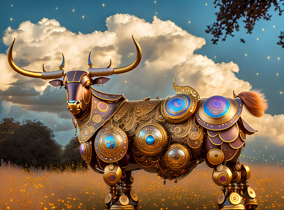 Mechanical bull with golden designs under starry sky and butterflies.