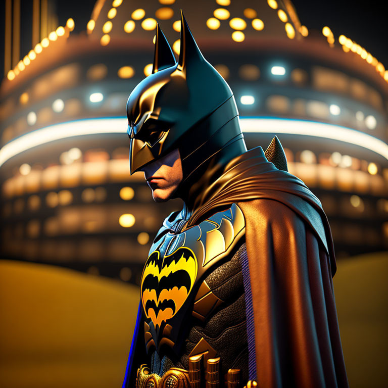 Stylized Batman digital art in front of circular lit building