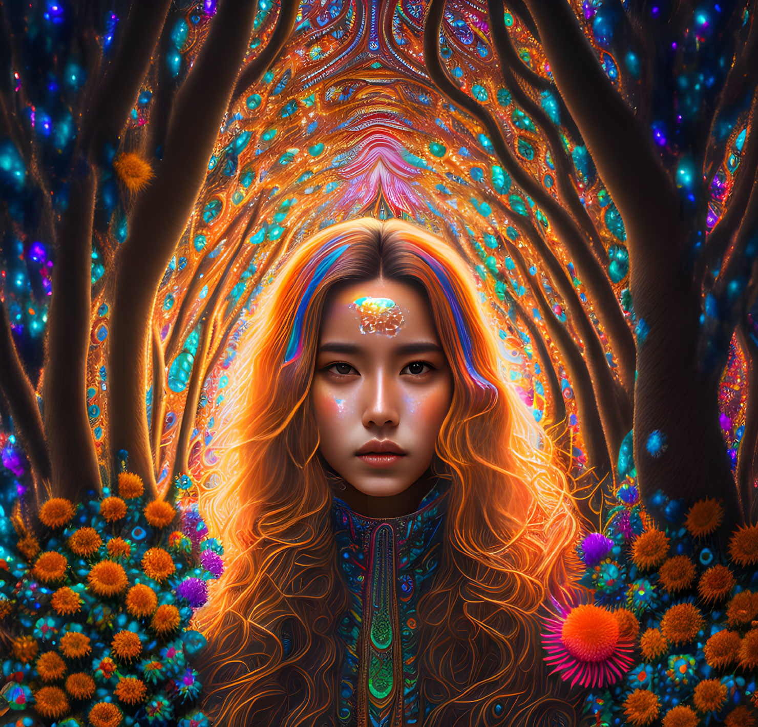 Vibrant psychedelic backdrop with woman in center surrounded by glowing trees and vivid flowers