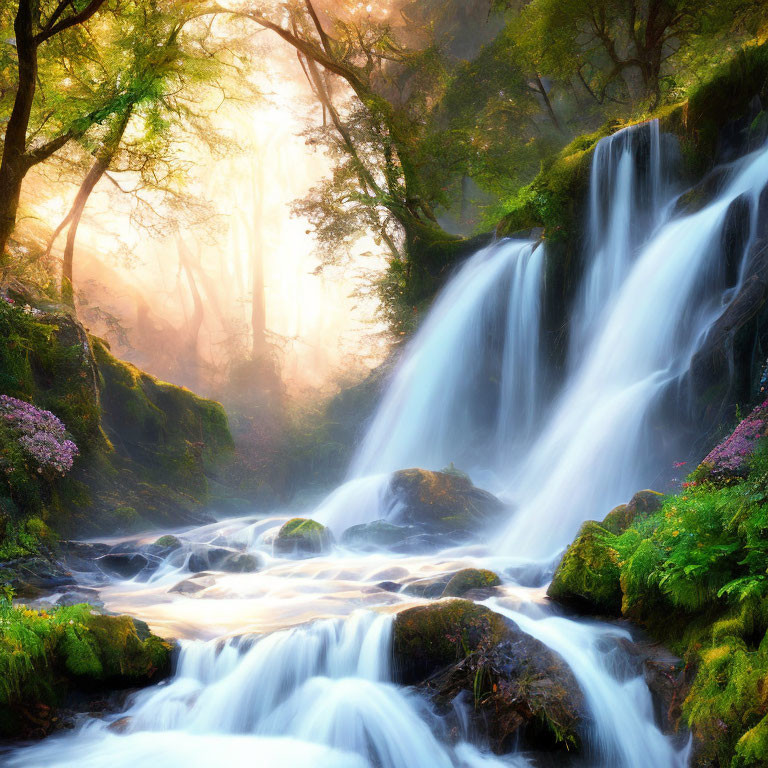 Tranquil waterfall in lush green forest setting