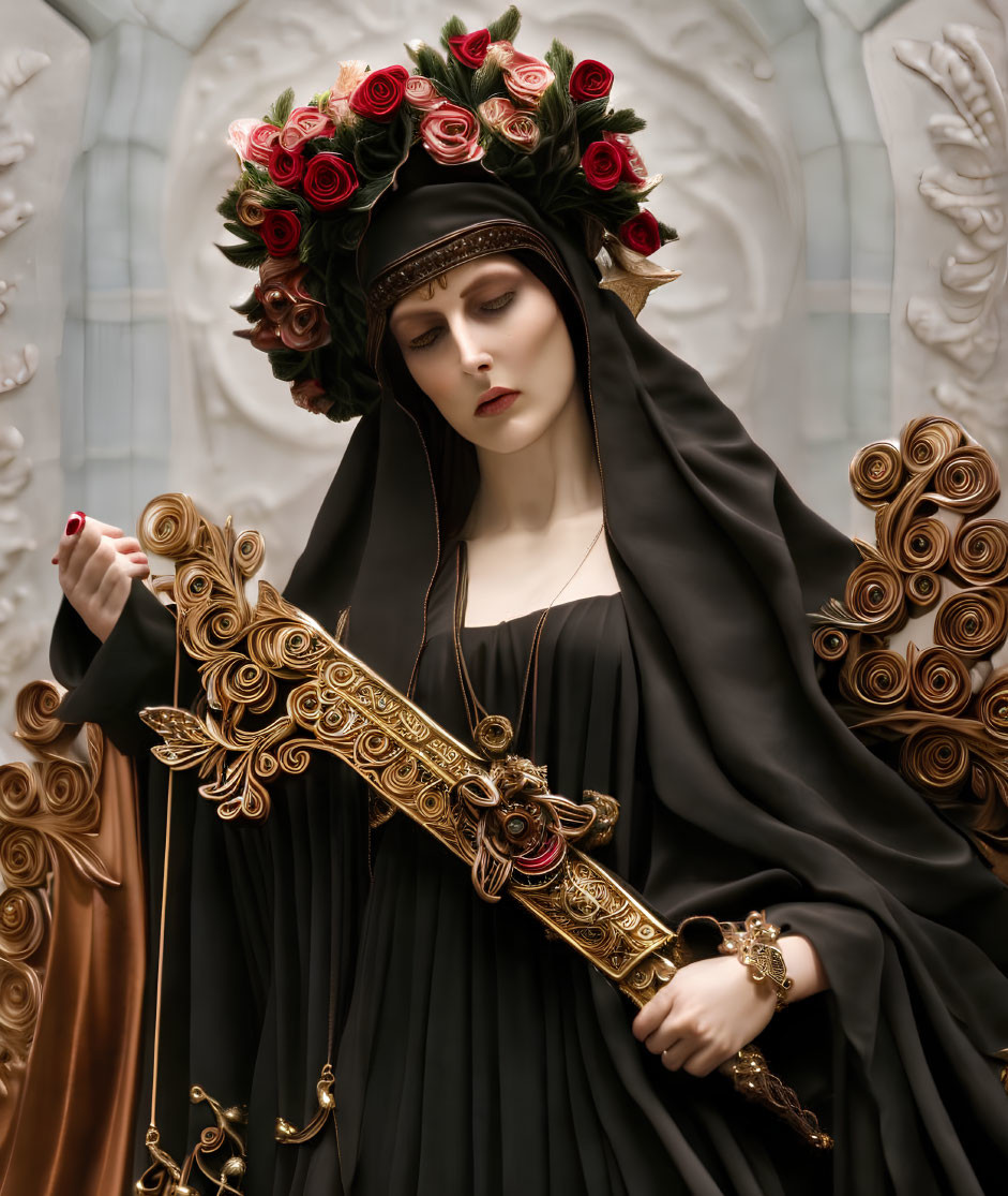 Woman in Black Robe with Golden Trim and Rose Crown on Ornate Background