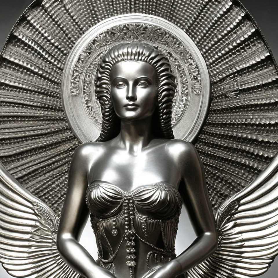 Metallic Art Deco Sculpture: Stylized Woman with Sun-ray Halo and Angelic Wings