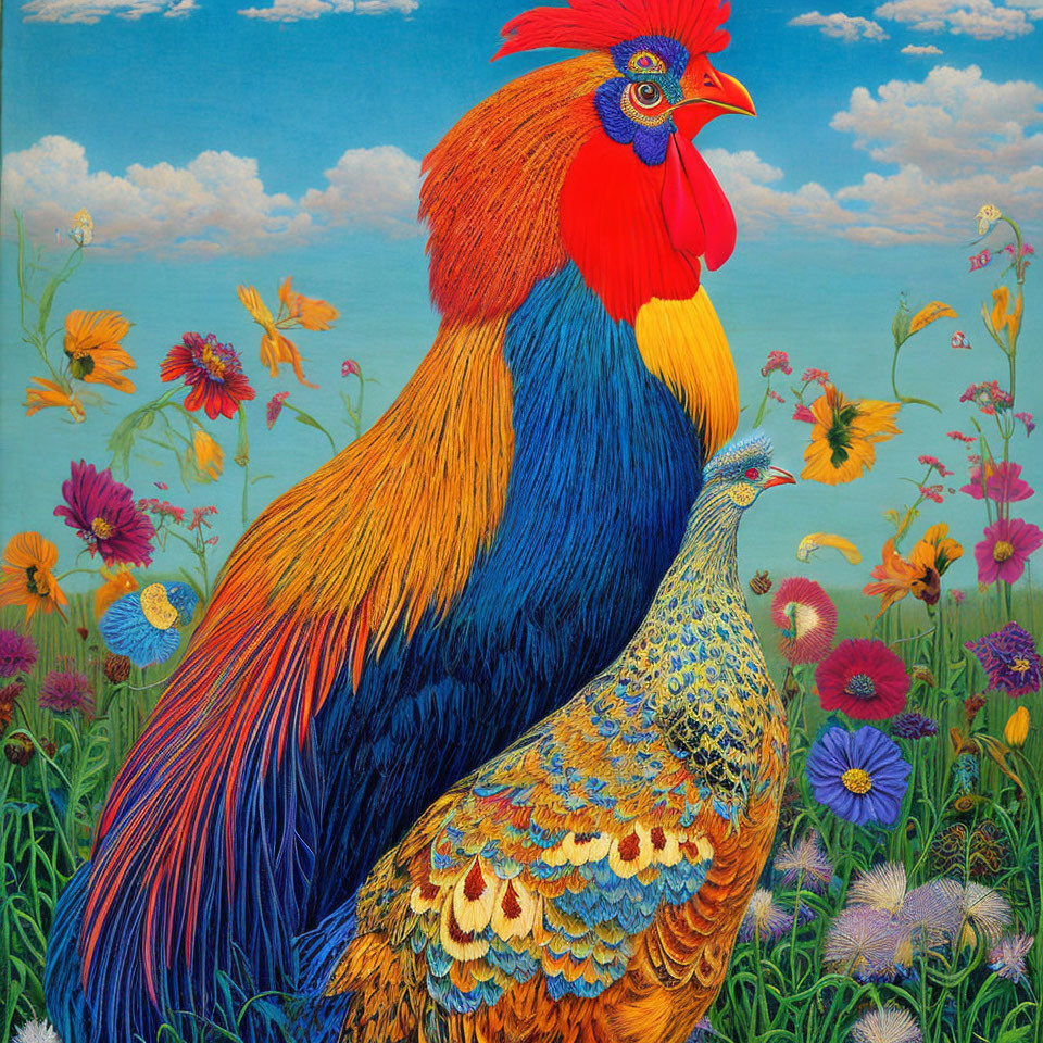 Colorful Rooster and Peacock with Flowers on Blue Sky Background