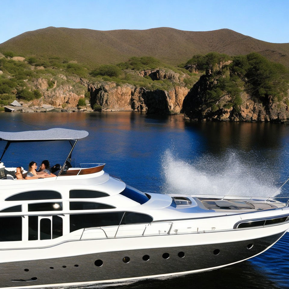 Luxury yacht cruising near green hills on tranquil water