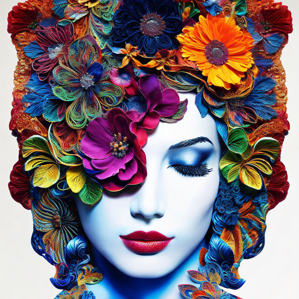 Colorful portrait featuring model with floral headpiece, blue eye shadow, and red lips on blue backdrop