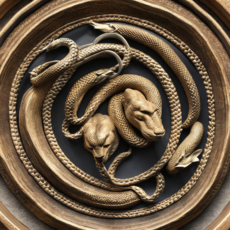 Circular Bronze Relief of Intertwined Snakes with Detailed Scales and Heads