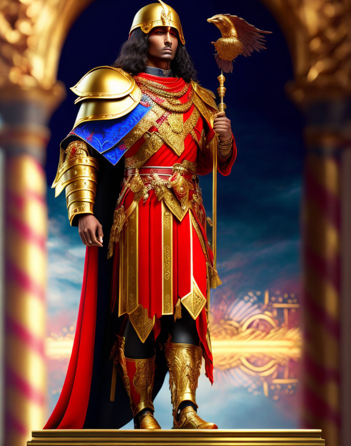 Regal figure in golden armor with bird on hand against throne backdrop