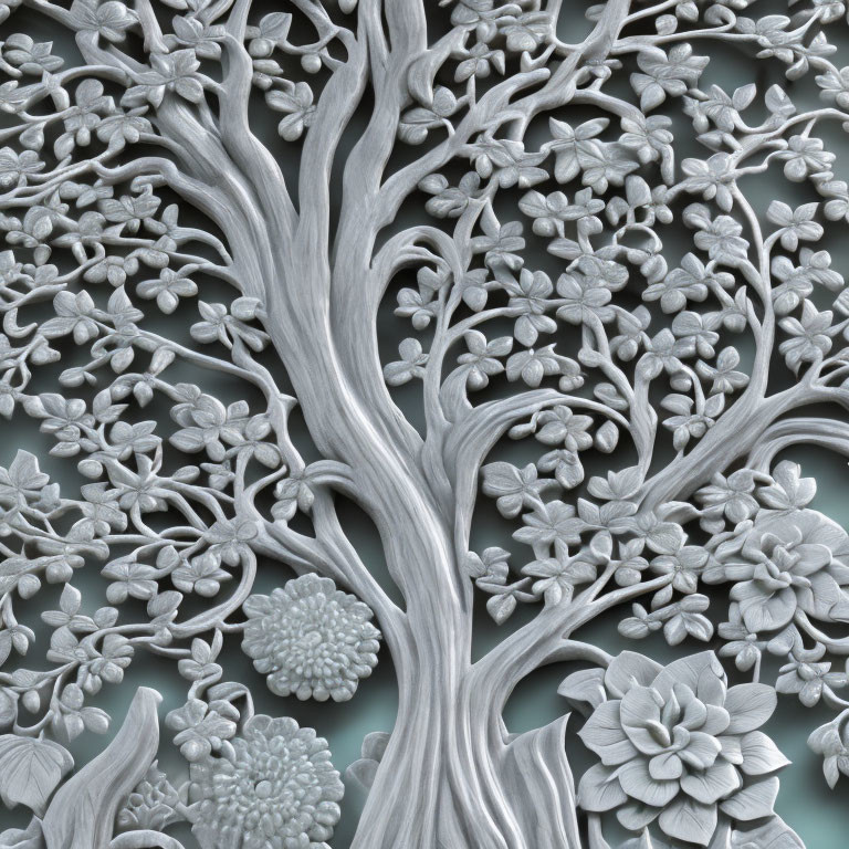 Detailed Monochromatic Relief Sculpture of Tree with Carved Leaves and Flowers