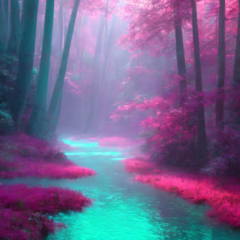 Vibrant pink and purple forest scene with turquoise river and ethereal light