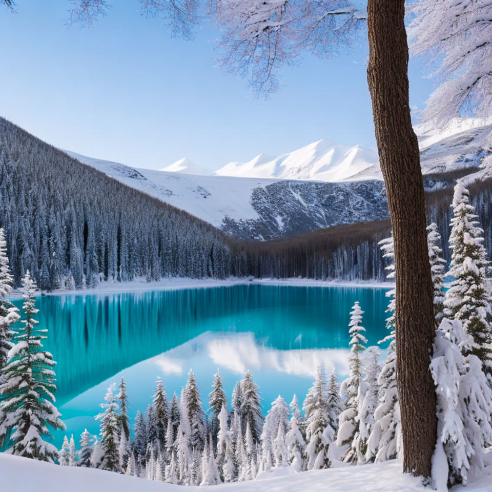 Snowy Winter Landscape with Turquoise Lake and Mountains