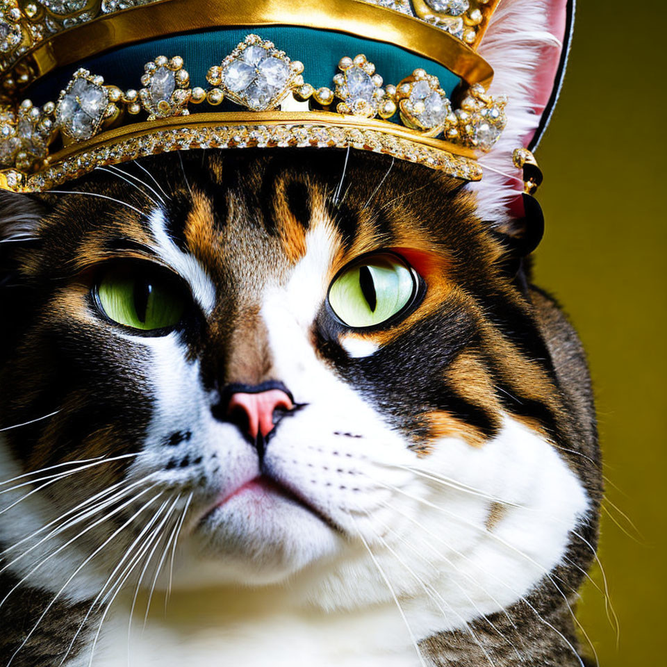 Majestic cat with green eyes in ornate golden crown