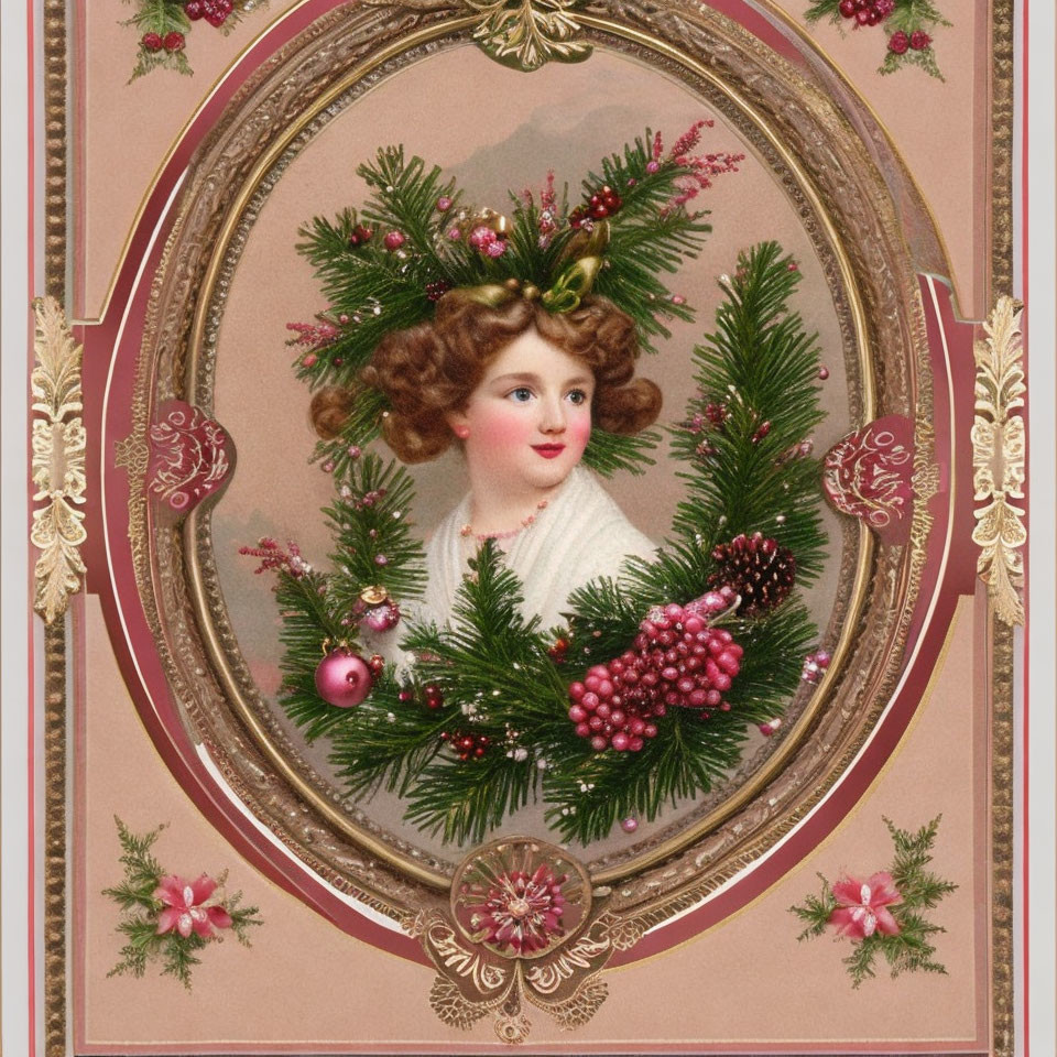 Vintage Holiday Card with Woman Portrait and Christmas Wreath