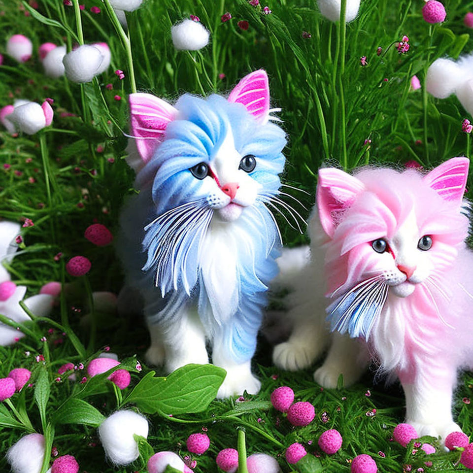 Colorful Artificial Cats with Blue and Pink Fur in Greenery and Pink Flowers