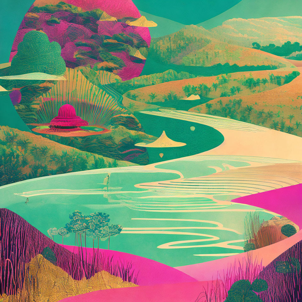 Surreal landscape with pink sky, pastel hills, and turquoise river