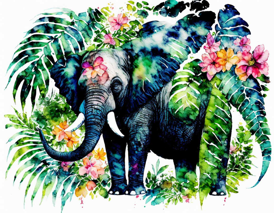 Colorful Watercolor Artwork: Elephant in Tropical Foliage