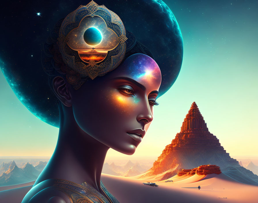 Surreal digital artwork: woman with cosmic features in desert landscape