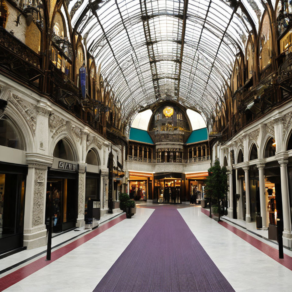 Sophisticated indoor shopping arcade with glass roof and purple carpeted pathway