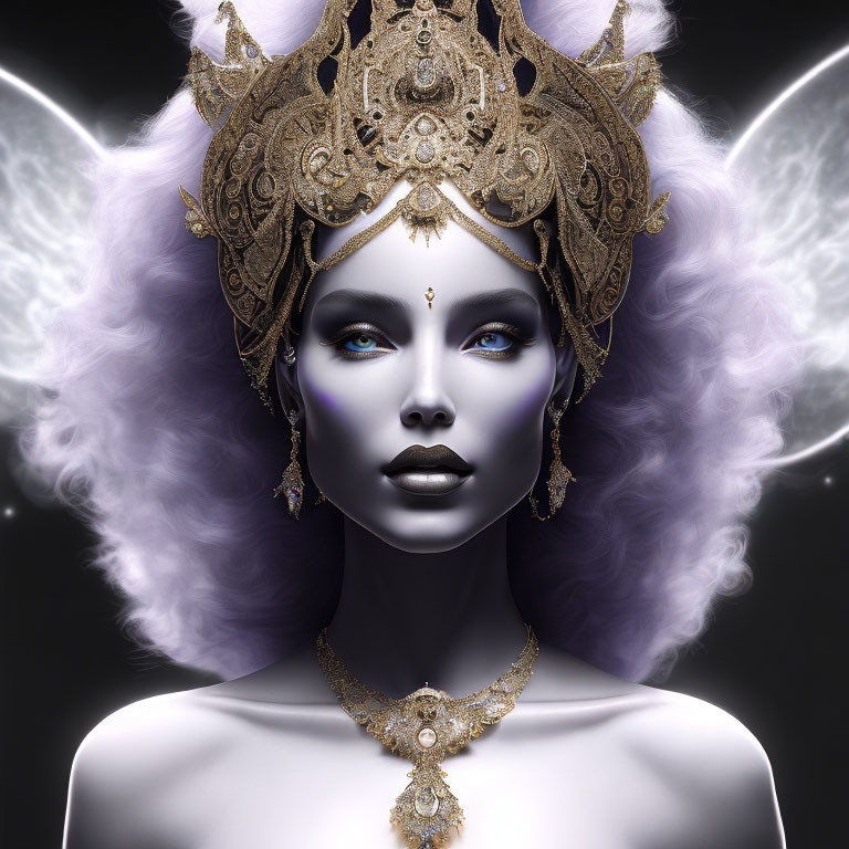 Ethereal woman with blue skin and gold headdress on dark background