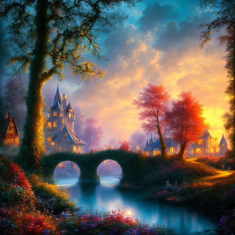 Idyllic castle in twilight with lush foliage and serene river