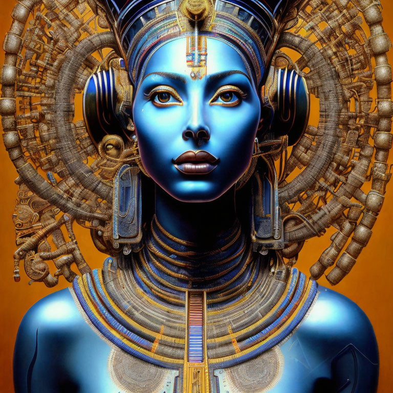 Futuristic Egyptian-inspired female figure with blue skin and golden headdress