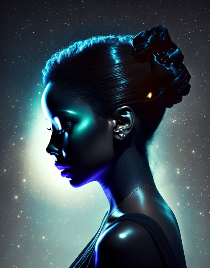 Portrait of Woman Illuminated by Blue Light in Starry Night