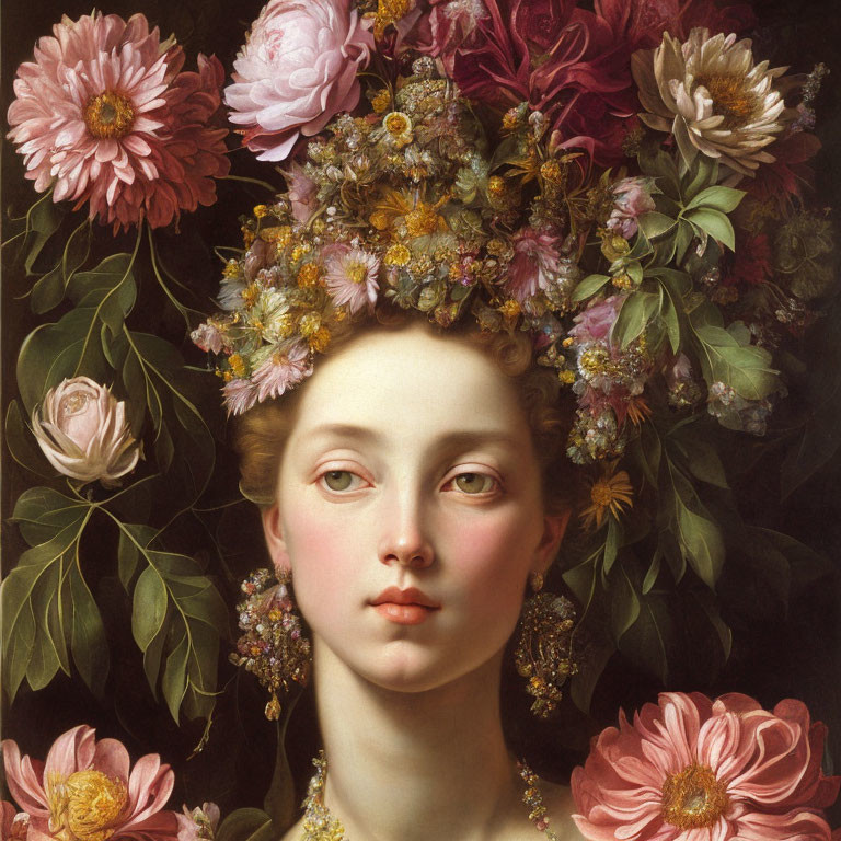 Vibrant floral wreath adorns woman in painting against dark backdrop