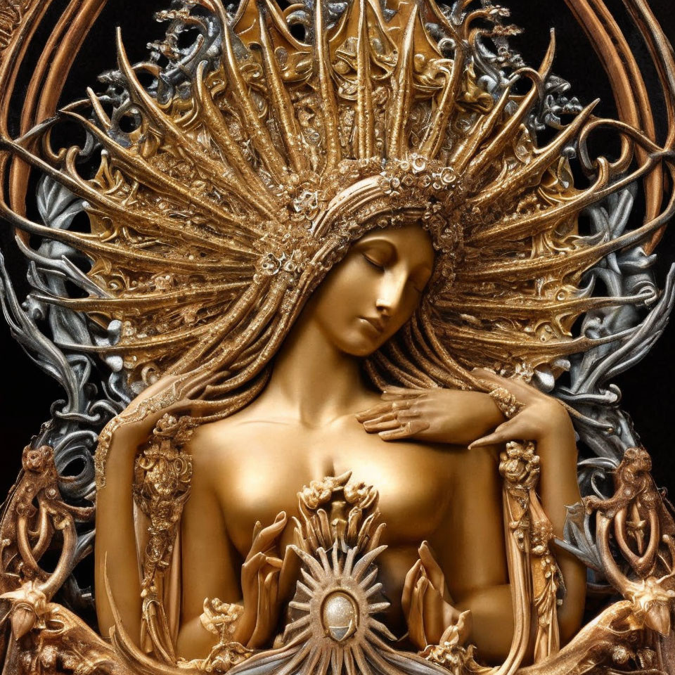 Intricate Gold and Bronze Halo Sculpture with Symbolic Elements