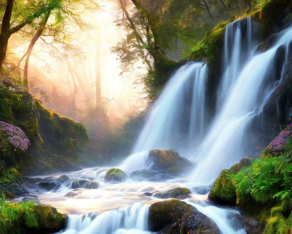 Tranquil waterfall in lush green forest setting