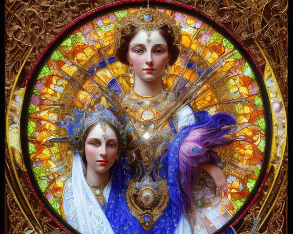 Colorful stained glass-style illustration of three women with headdresses and a peacock on warm mosaic.